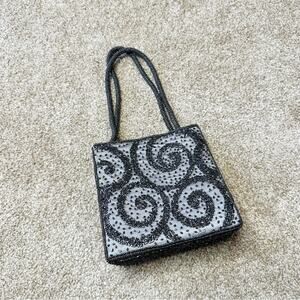Cache Vintage Y2K Black and Silver Beaded Swirl Mini Bag